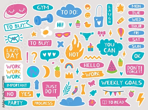Cute planner stickers  diary or notebook trendy decor elements. Calendar reminders  quotes  daily or weekly planner doodle sticker vector set. School and work badges for schedule organizer