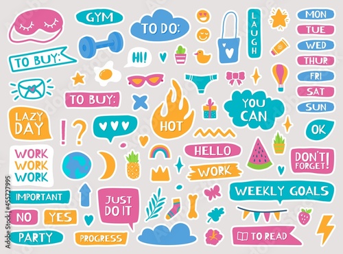Cute planner stickers, diary or notebook trendy decor elements. Calendar reminders, quotes, daily or weekly planner doodle sticker vector set. School and work badges for schedule organizer