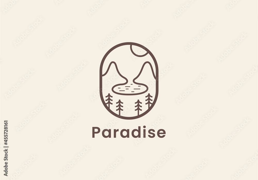 Obraz premium Emblem mountain and lake adventure logo icon vector template with line art style.