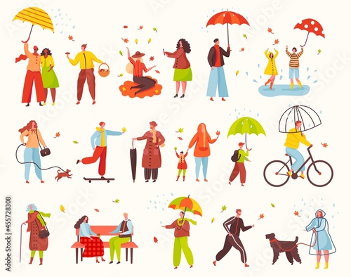 People walking with umbrellas under rain in autumn season park. Characters in warm clothes riding bike, walking dog. Fall activities vector set. Collecting mushrooms taking photos with leaves