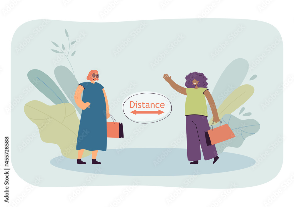 Women with shopping bags greeting while social distancing. Female characters meeting in street flat vector illustration. Coronavirus, pandemic concept for banner, website design or landing web page