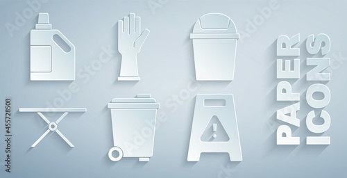 Set Trash can, Ironing board, Wet floor, Rubber gloves and Bottle for cleaning agent icon. Vector
