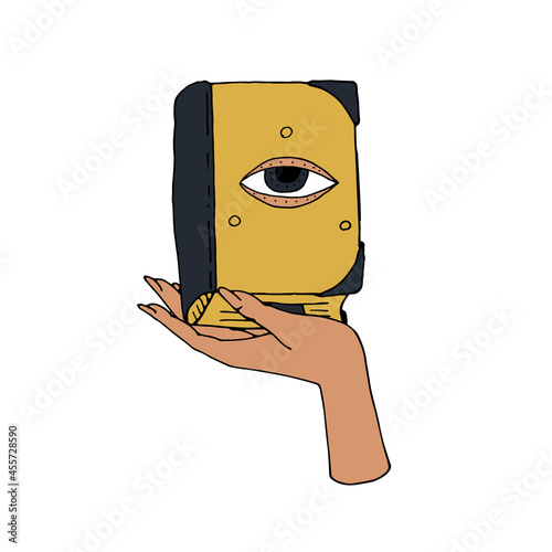 Vintage Mystic Spell Book with evil eye on cover in female hand Illustration