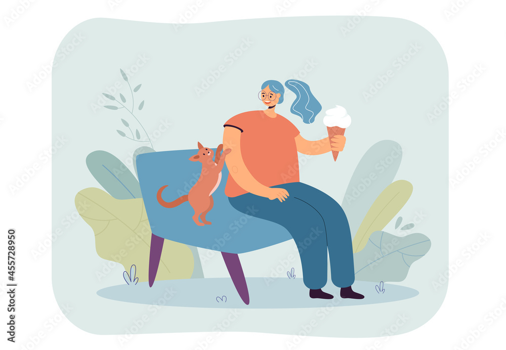 Cartoon girl sitting on sofa with cat and eating ice cream. Domestic animal asking female owner for ice cream flat vector illustration. Pets, food concept for banner, website design or landing page Cartoon girl sitting on sofa with cat and eating ice cream. Domestic animal asking female owner for ice cream flat vector illustration. Pets, food concept for banner, website design or landing page