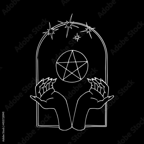 Vintage Mystic hands and 5 rays star inside arch Illustration