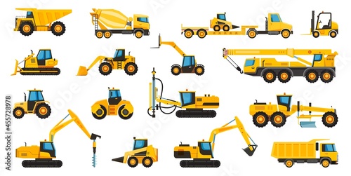 Construction machines, equipment and heavy building machinery. Crane, excavator, bulldozer, tractor, truck, forklift, digger flat vector set. Engineering machines for work isolated on white