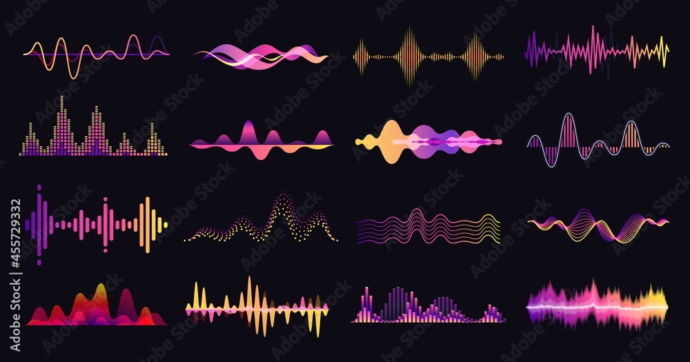 Colorful sound waves, abstract music audio frequency. Voice soundwave, electronic equalizer, sound amplitude, radio waveform vector set. Neon equalizer line, digital bar with different volume