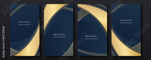 Dark blue and gold abstract luxury background. Social media card template with navy blue and gold background