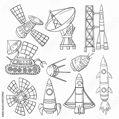Set of hand-drawn doodle space object, starship, rocket and symbols. 