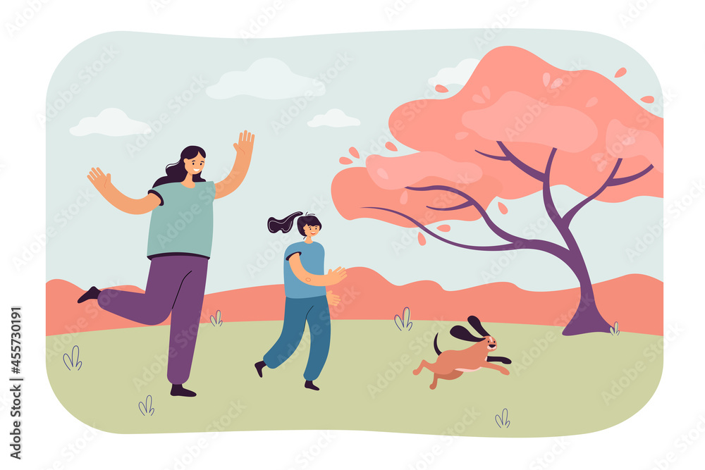 Happy cartoon mother and daughter running after puppy outside. Woman and little girl with dog in park flat vector illustration. Family, pets, outdoor activity concept for banner or landing web page Happy cartoon mother and daughter running after puppy outside. Woman and little girl with dog in park flat vector illustration. Family, pets, outdoor activity concept for banner or landing web page