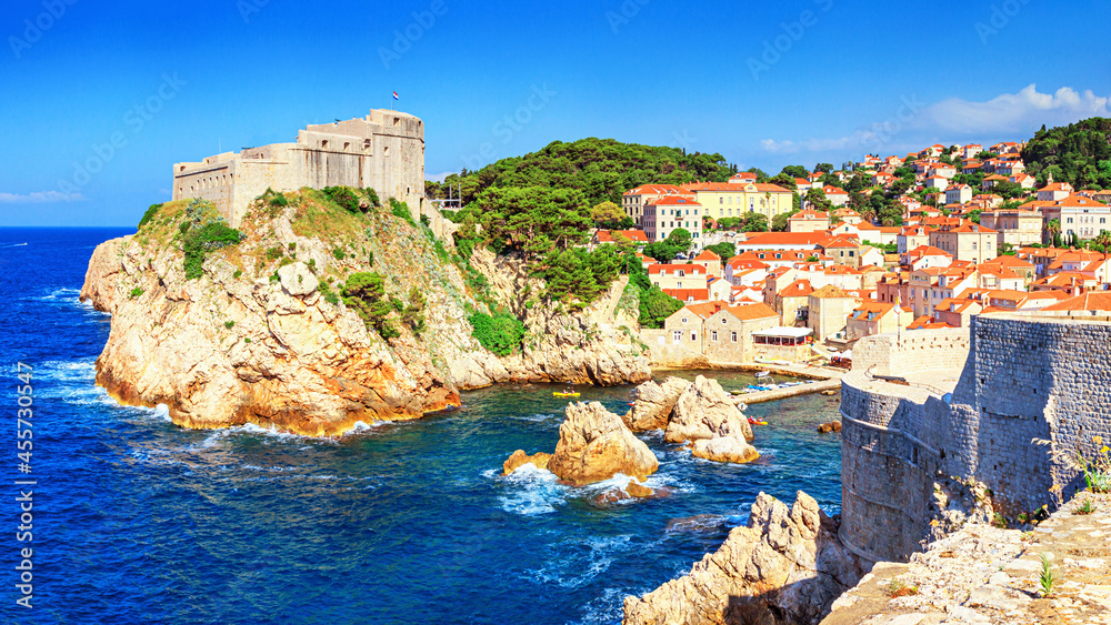 View of the Fort Lovrijenac or St. Lawrence Fortress and the Old Town of Dubrovnik on the Adriatic coast of Croatia