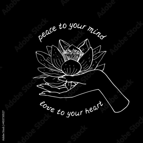 Vintage Gold and Black Mystic Hand holding lotus flower with lettering Peace to your mind love to your heart illustration.