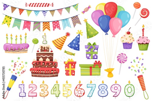 Cartoon birthday party decoration elements, cakes with candles. Colorful bunting flags, balloons, party hats, gift boxes, candies vector set. Festival colorful objects for celebration