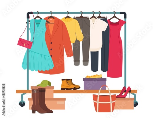 Clothes hanging on rack, garment rail with casual women clothing. Fashion girl wardrobe, female clothes on hangers vector illustration. Apparel as dress, coat, trousers and accessories