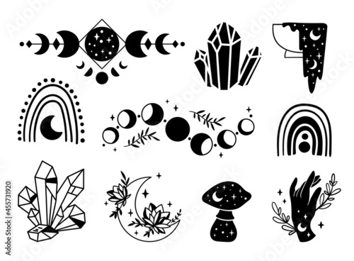 Mystical boho floral moon phases, rainbow, mushroom, witch hand and crystal isolated cliparts bundle, celestial esoteric objects, magic crescent moon - black and white vector illustration set