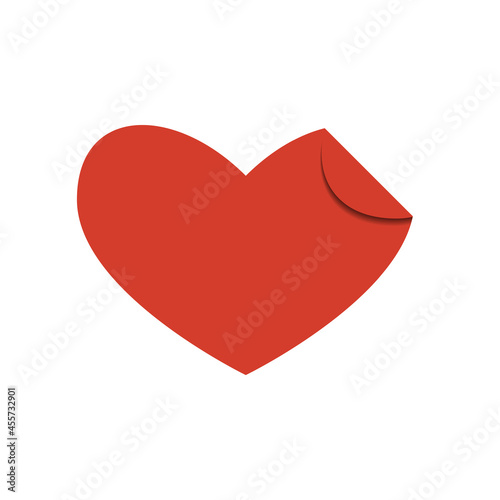 Red shape heart with curled corner on white background. Modern illustration. Simple object in flat style, great design for any purposes. Celebration, romance template