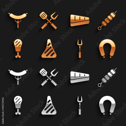 Set Steak meat, Grilled shish kebab, Sausage, Barbecue fork, Chicken leg, on the and Crossed and spatula icon. Vector