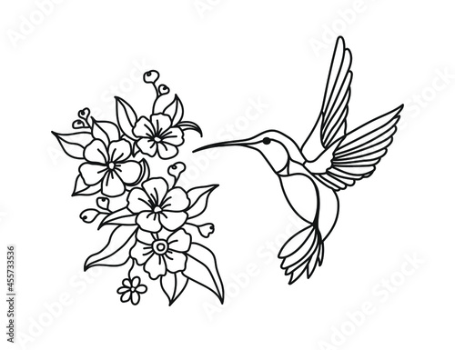 Hummingbird, Wreath with peony, Flying bird, vector illustration