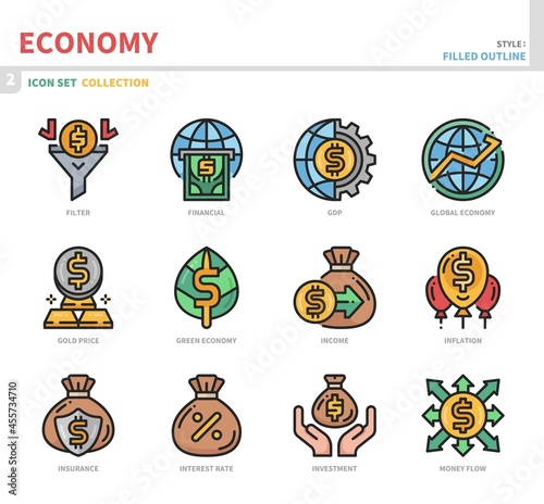 economy icon set,filled outline style,vector and illustration