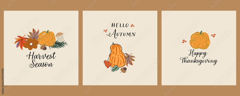 cute Autumn harvest seasonal greeting cards or postcards set 