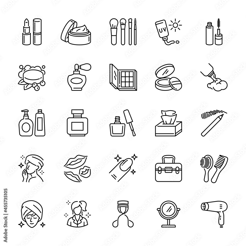 Fototapeta premium Cosmetics, beauty product, icon set, vector illustration. 