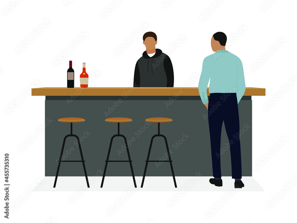 Two male characters stand near a bar table with alcohol on a white background