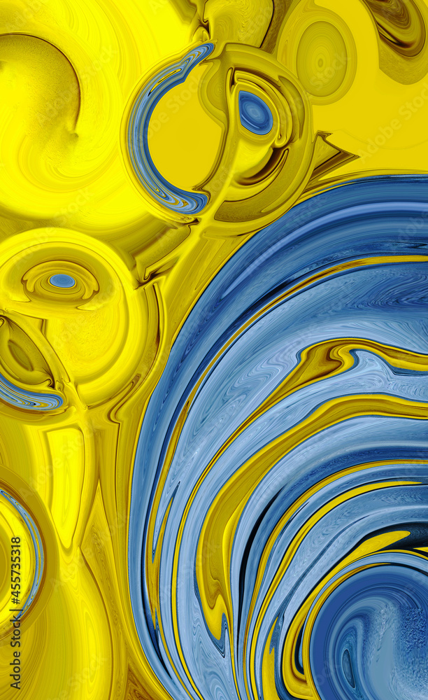 Abstract yellow and bright blue art fluid texture background. Alcohol ink color gradient. Contemporary design backdrop. Trendy Art flyer. Inkscapes. Luxury poster with waves. Swirling paint effect.