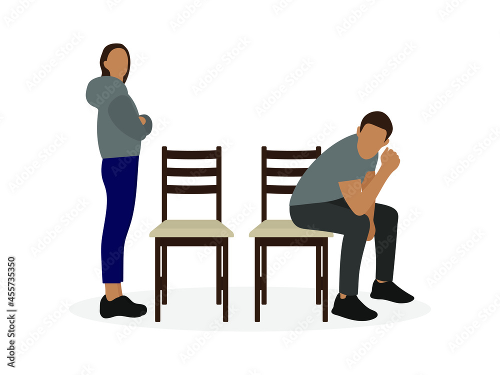 A female character with arms crossed on her chest is standing near a chair, and a male character is sitting on another chair A female character with arms crossed on her chest is standing near a chair, and a male character is sitting on another chair
