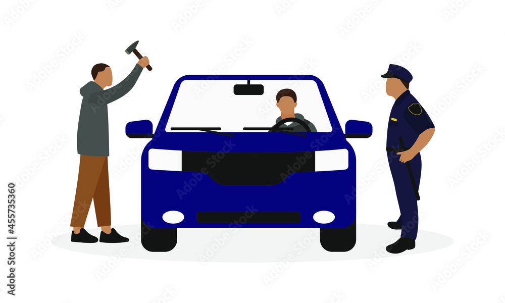 A male character is swinging a hammer at a car with a driver, next to which is a policeman in uniform - obrazy, fototapety, plakaty 