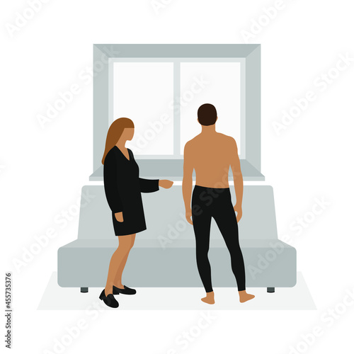 A male character stands by the sofa and looks out the window, while a female character says something to him