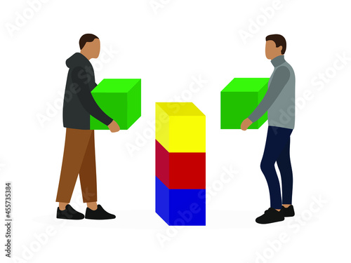 Two male characters with large cubes in their hands are standing near a tower of cubes on a white background