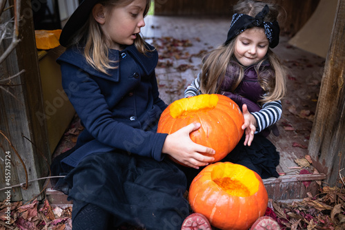 Little girls make jack-o-lantern from big pumpkins for celebratiion of halloween holiday.Witch costume, hat, coat. Cut with knife,take out pulp with seeds.Outdoors activity, backyard.Children's party photo