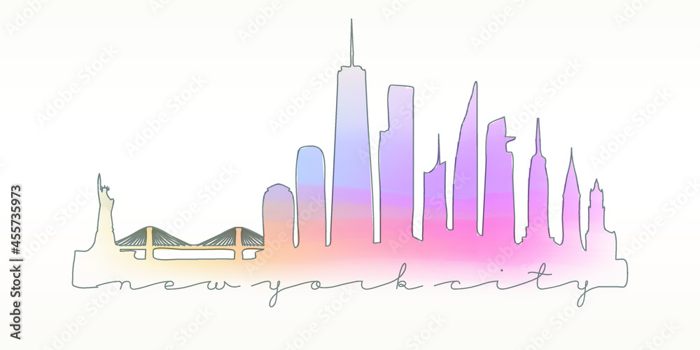 New York, NY, USA Skyline Watercolor City Illustration. Famous Buildings Silhouette Hand Drawn Doodle Art. Vector Landmark Sketch Drawing.
