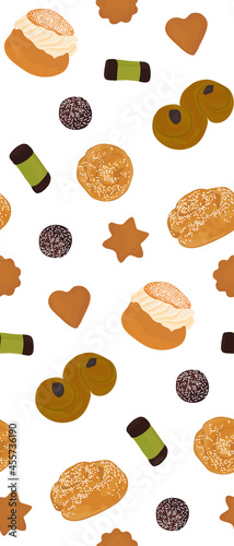 Traditional swedish sweets set on white background, seamless pattern. Vector illustration in cartoon style.