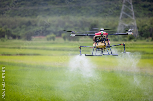 Agriculture drones glide above rice fields spraying fertilizer. Farmers used a drone to spray fertilizer on rice fields. Agriculture technology concept photo