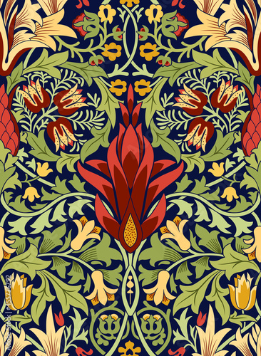 Floral seamless pattern with a large red flower in the center on dark blue background. Classic colors. Vector illustration.