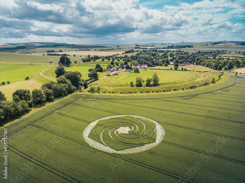 Aerial drone view of crop circle formation in corn field, Avebury, Wiltshire, UK