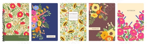 Notebook covers with spring flowers, artistic floral cover page. Trendy planner or notebooks background with nature elements vector template set. Creative botanic notebook wrapper