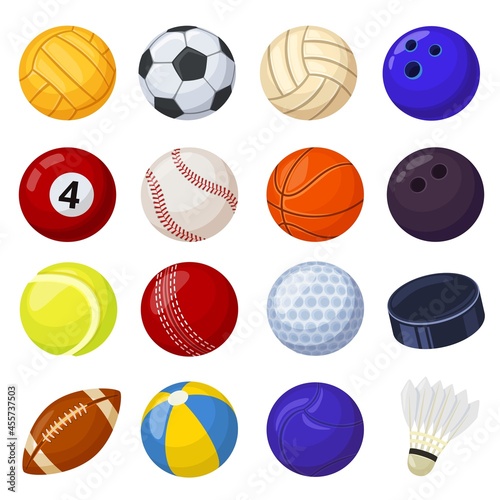 Cartoon sport balls  different sports games equipment. Soccer volleyball golf football baseball billiard cricket  rugby hockey vector set. Tools for hobby and entertainment isolated