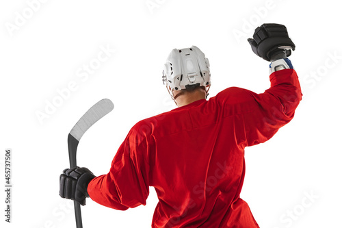 Photography Cropped portrait of male professional hockey player in special uniform isolated over white background