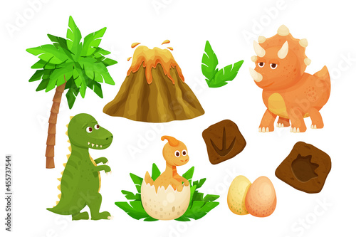 Set cute baby dinosaurs with dino egg, footprint, jurassic leaves, volcano and bones in cartoon style childish decoration isolated on white background. Ancient wild characters.