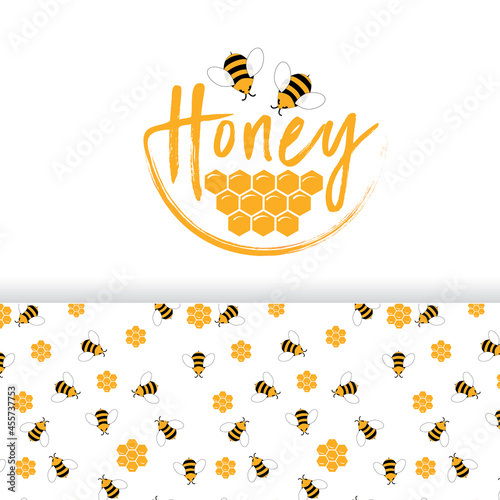 Vector seamless pattern and the emblem of a bee, a honeycomb. Simple cartoon illustration on a white background.