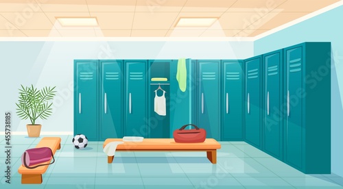 Gym changing room with lockers, school sports locker room. Cartoon empty university sports club wardrobe interior vector illustration. Closet furniture, training room for athletes and sportsman