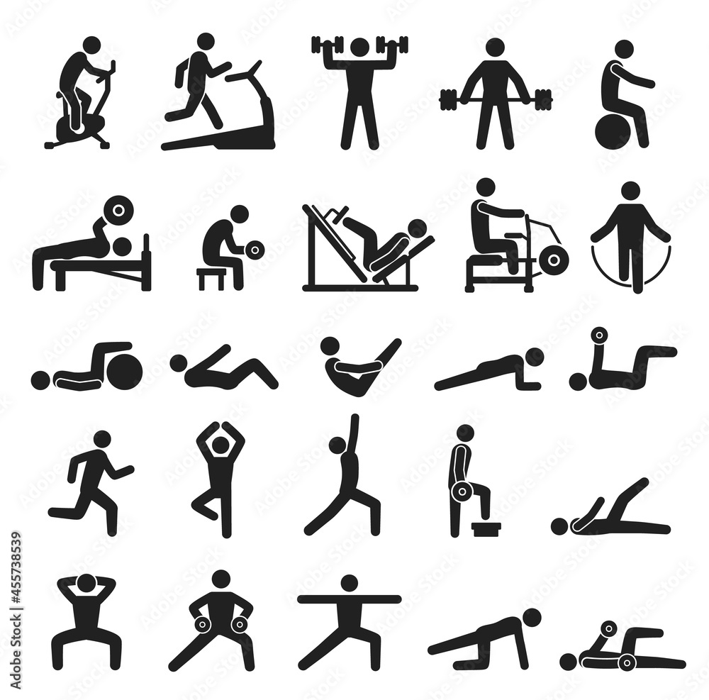 Fitness exercise icons, sport workout pictograms. People doing yoga, exercising, jogging. Various sports activities silhouette vector icon set. Characters with training with dumbbells
