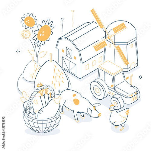Farm - isometric black and yellow line illustration