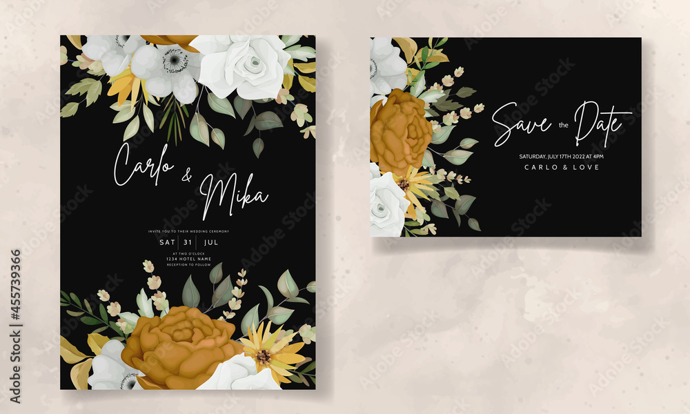 Fototapeta premium Wedding invitation card template with hand drawn autumn fall floral
