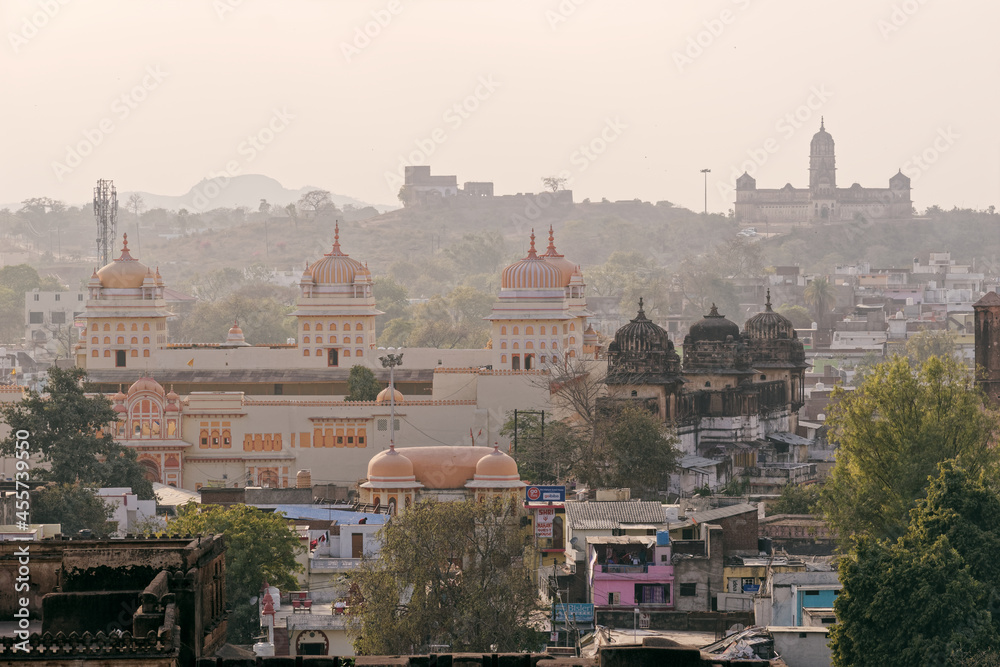 An aerial skyline of the ancient Hindu temples and monuments in the town of Orchha.