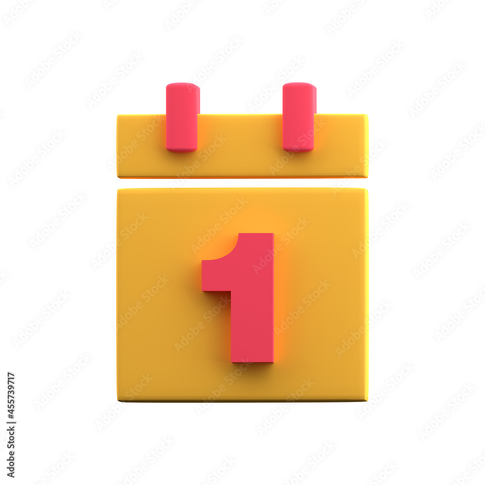 Organizer calendar 3d icon with first day of the month. 3D calendar icon. 3d rendering icon of calendar. First day of the month in 3D calendar icon