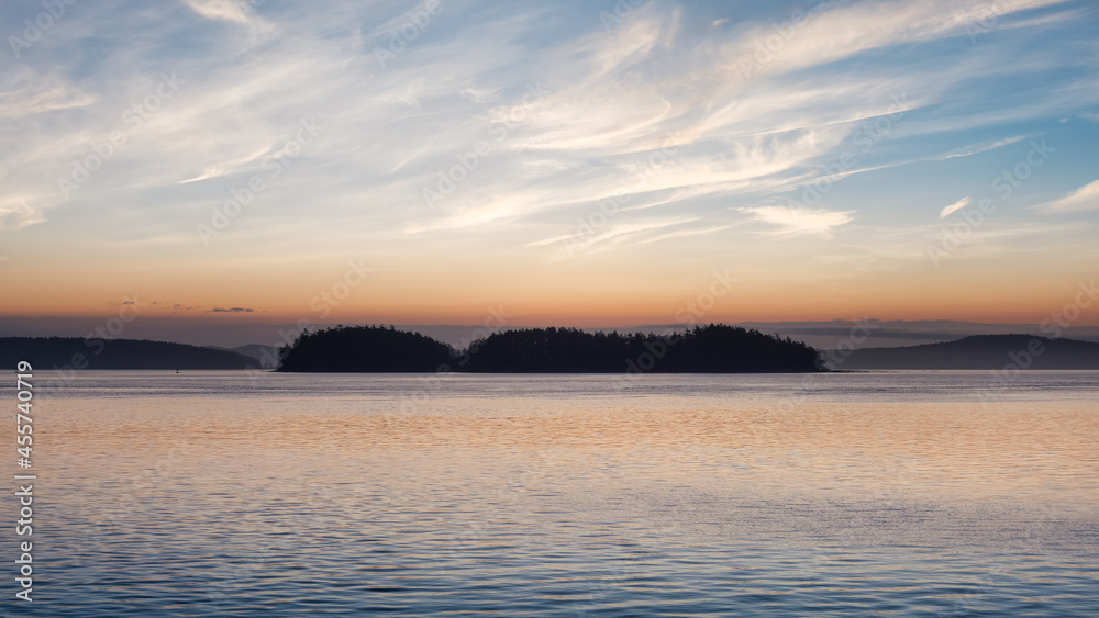 Gulf Islands on the West Coast of Pacific Ocean. Canadian Nature Landscape Background. Summer Sunrise Sky Art Render. Victoria, Vancouver Island, BC, Canada. Gulf Islands on the West Coast of Pacific Ocean. Canadian Nature Landscape Background. Summer Sunrise Sky Art Render. Victoria, Vancouver Island, BC, Canada.