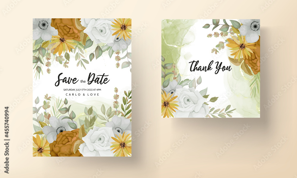 Wedding invitation card template with hand drawn autumn fall floral